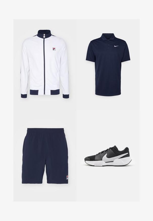 Valge lukuga jakk kõrge kraega, tumesinised aktsendid varrukatel ja õlgadel, selja peal on väike punane ja sinine logo.; Tumedat sinine polo särk, mis on valmistatud siledast kangast, kolme nööbiga riideehe, lühikeste varrukatega ja väikese valge Nike logo'ga rinnal.; Tumed sinised sportlikud lühikesed püksid, mis on valmistatud hingavast kangast, elastse vöökoha ja väikese logo märgiga vasakul alumisel küljel.; Mustad mustossid, millel on tekstureeritud ülemine osa, valge swoosh-logo, pehmendatud kand ja kontrastne valge uus, millel on siksakmuster.