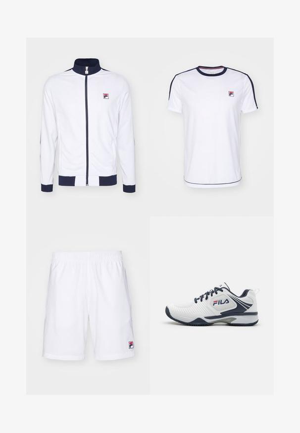 Weißer Reißverschlussjacke mit hohem Kragen, marineblaue Akzente an den Bündchen und Schultern, mit einem kleinen rot-blauen Logo auf der Brust.; Weißes kurzärmeliges T-Shirt aus atmungsaktivem Stoff, mit marineblauen Akzenten an den Ärmeln und einem kleinen FILA-Logo auf der Brust.; Fila SHORTS JAKOB - Kurze Sporthose - white/navy; Weiße Sportschuhe mit marineblauen Akzenten, strukturiertem Obermaterial, abgerundeter Zehenpartie und gestreiftem Design; ausgestattet mit Fila-Logo und Gummisohle.