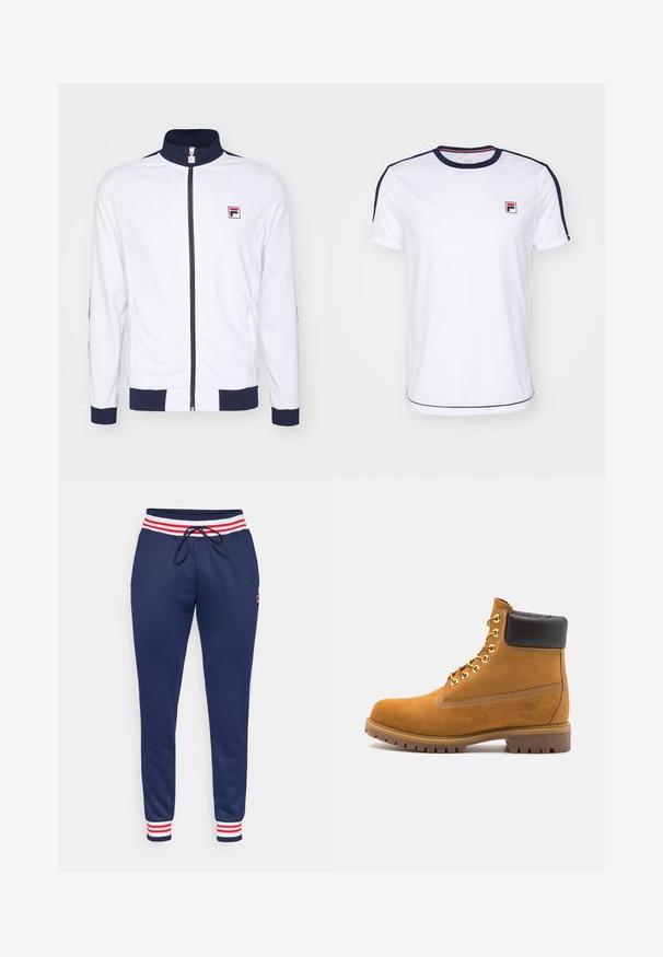 Fehér zipzáras dzseki magas gallérral, sötétkék részletekkel a mandzsettákon és a vállakon, a mellkasán egy apró piros és kék logóval.; Fehér, rövid ujjú póló lélegző anyagból, tengerészkék részletekkel a ujjakon és egy kis FILA logóval a mellkason.; Tengerészi színű melegítőnadrág piros és fehér csíkos derékkal, húzózsinórral, fokozatosan szűkülő lábakkal, oldalsó zsebekkel és kis logóval a combon.; Barna velúr bokacipő fekete párnázott gallérral, arany fém fűzőlyukakkal, fehér varrási részletekkel és durva gumitalppal, amelynek kifejezett barázdái vannak.