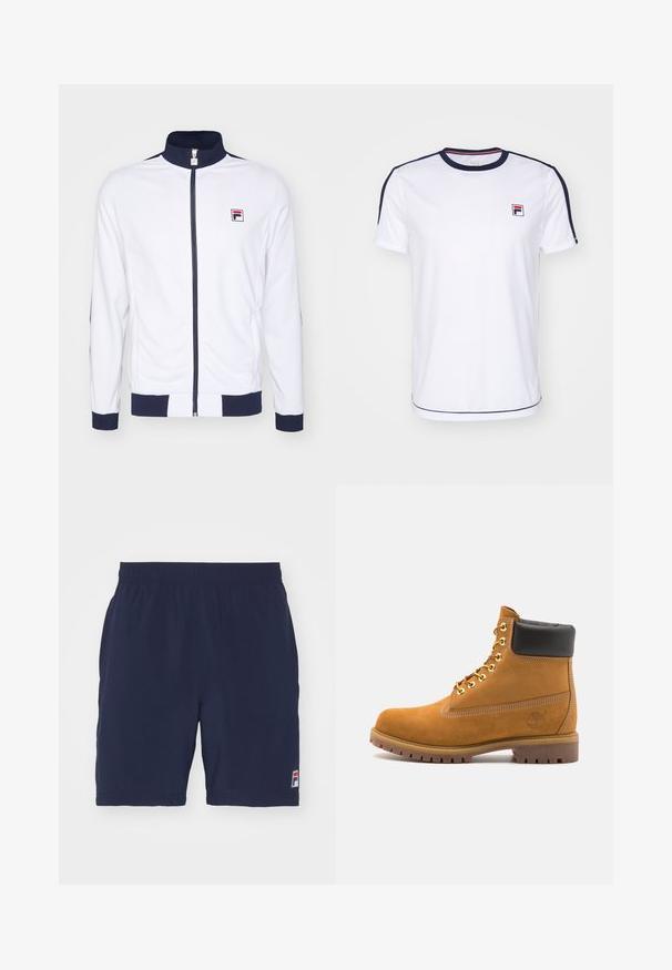 White zip-up jacket with a high collar, navy accents on cuffs and shoulders, featuring a small red and blue logo on the chest.; White short-sleeve t-shirt made of breathable fabric, featuring navy accents on sleeves and a small FILA logo on the chest.; Navy blue athletic shorts made of breathable fabric with an elastic waistband and a small logo badge on the bottom left side.; Tan suede ankle boot with black padded collar, gold metal eyelets, white stitching detailing, and rugged rubber sole with pronounced treads.