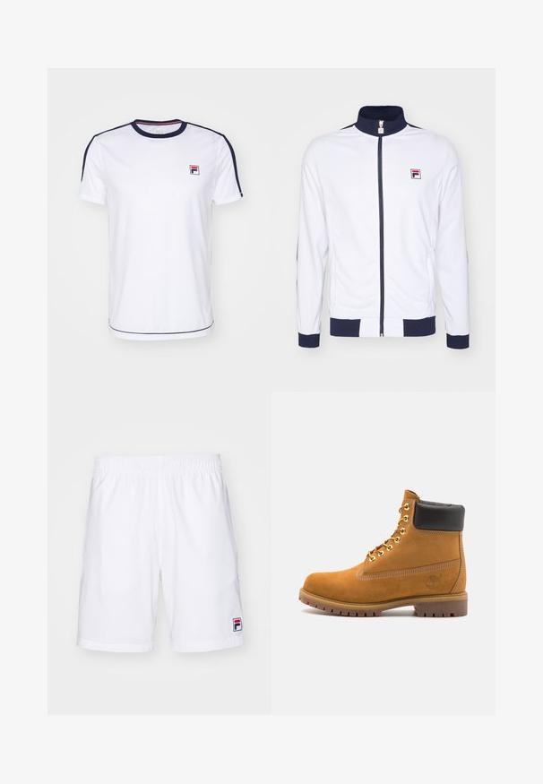Vit zip-up jacka med hög krage, marinblå accenter på ärmar och axlar, med en liten röd och blå logotyp på bröstet.; Vit kortärmad t-shirt i ett välventilerande material, med marinblå accenter på ärmarna och en liten FILA-logotyp på bröstet.; Fila SHORTS JAKOB - Träningsshorts - white/navy; Tan mockasins ankelstövlar med svart vadderad krage, guldmetallöglor, vit sömdekor och slitstöt gummisula med utmärkta mönster.