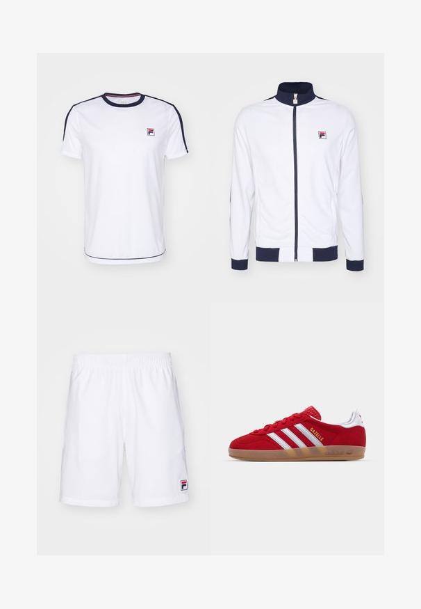 Hvit zip-up jakke med høy krage, marineblå detaljer på mansjetter og skuldre, med en liten rød og blå logo på brystet.; Hvit t-skjorte med korte ermer laget av pustende stoff, med marineblå detaljer på ermene og en liten FILA-logo på brystet.; Fila SHORTS JAKOB - Sports shorts - white/navy; Rød semsket sneakers med hvit tre-stripes design og gull "Gazelle" tekst. Har en gummisåle og teksturert hæl.
