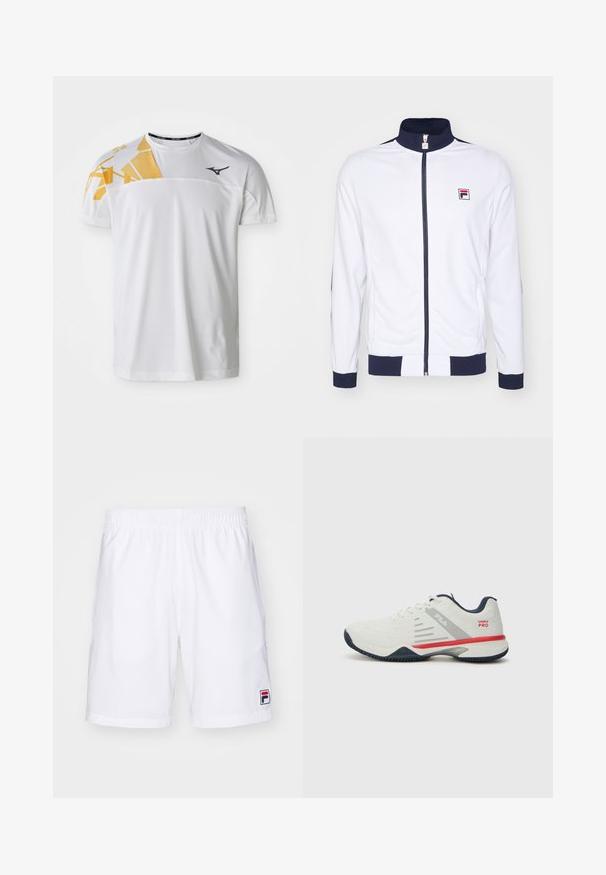 Hvid zip-jakke med høj krave, marinefarvede accenter på ærmer og skuldre, med et lille rødt og blåt logo på brystet.; Hvid atletisk t-shirt med et geometrisk gult design på den ene skulder, glat tekstur, rund halsudskæring og logo i mørkegrå.; Fila SHORTS JAKOB - Korte sportsbukser - white/navy; Hvide sportsko med grå og røde accenter, struktureret mesh-overdel, fleksibel sål og distinkt sidelogo design. Har snørebåndslukning.