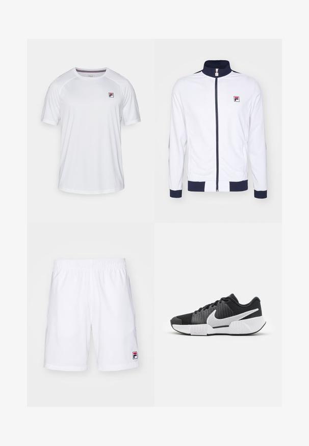 Chaqueta blanca con cremallera y cuello alto, detalles en azul marino en los puños y los hombros, con un pequeño logo rojo y azul en el pecho.; Camiseta atlética blanca de manga corta, con cuello redondeado y pequeño logo rectangular de Fila en rojo, azul y negro en la parte superior izquierda del pecho.; Fila SHORTS JAKOB - Pantalón corto de deporte - white/navy; Zapatillas deportivas negras con parte superior texturizada, logo de swoosh blanco, talón acolchado y suela blanca contrastante con un patrón en zigzag.