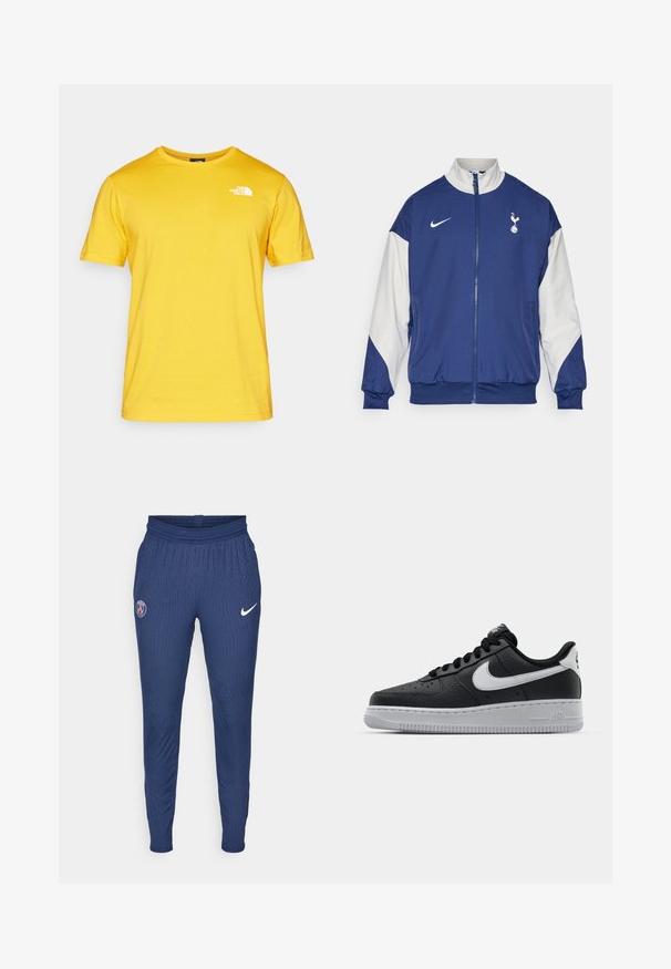 Mørkeblå jakke med hvite ermer, hel glidelås, høy krage, Nike-logo og Tottenham Hotspur-emblem på venstre bryst.; Gul bomull T-skjorte med korte ermer, rund hals og en hvit logo på venstre bryst. Stoffet ser glatt og lett ut.; Marine treningbukser laget av teksturert stoff med en Paris-logo på venstre lår og en hvit Nike swoosh på høyre.; Svart lær sneakers med teksturert overflate, hvit Nike swoosh, grå såle, rund tå og snøredesign. Har perforeringer på tåboksen.