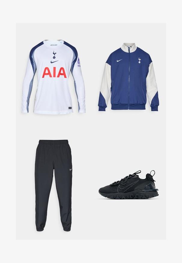 Dunkelblaues Jackett mit weißen Ärmeln, voller Reißverschluss, hoher Kragen, Nike-Logo und Tottenham Hotspur-Emblem auf der linken Brust.; Weißes Fußballtrikot mit langen Ärmeln und navyblauen Akzenten, versehen mit dem Logo von Tottenham Hotspur und "AIA" in Rot auf der Vorderseite.; Schwarze Trainingshose aus einem leichten Stoff mit elastischem Bund, Knöchelabschlüssen und einem dezenten Nike-Logo auf der linken Seite.; Schwarzer Sportschuh mit atmungsaktivem Mesh-Obermaterial, strukturierten Akzenten und einer wellenförmigen Gummisohle. Verfügt über ein reflektierendes Logo und ein Schnürsystem.