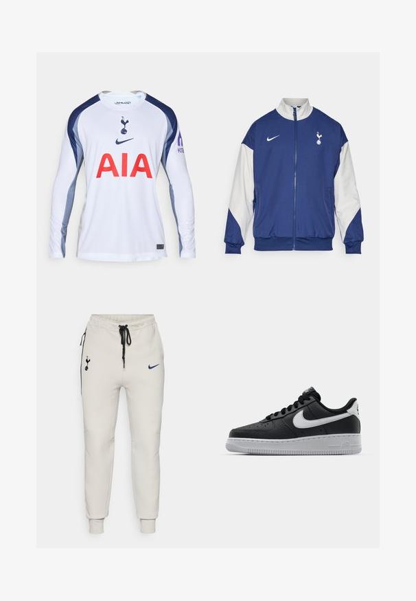 Veste bleu marine avec des manches blanches, fermeture zippée intégrale, col haut, logo Nike et emblème de Tottenham Hotspur sur la poitrine gauche.; Maillot de football à manches longues blanc avec des accents bleu marine, comportant le logo de Tottenham Hotspur et "AIA" en rouge sur le devant.; Jogging en maille gris clair de Nike avec des accents noirs. Comprend des logos brodés, une taille élastique avec cordon de serrage et des chevilles resserrées.; Baskets en cuir noir avec surface texturée, swoosh Nike blanc, semelle grise, bout rond et design à lacets. Comprend des perforations sur la boîte à orteils.