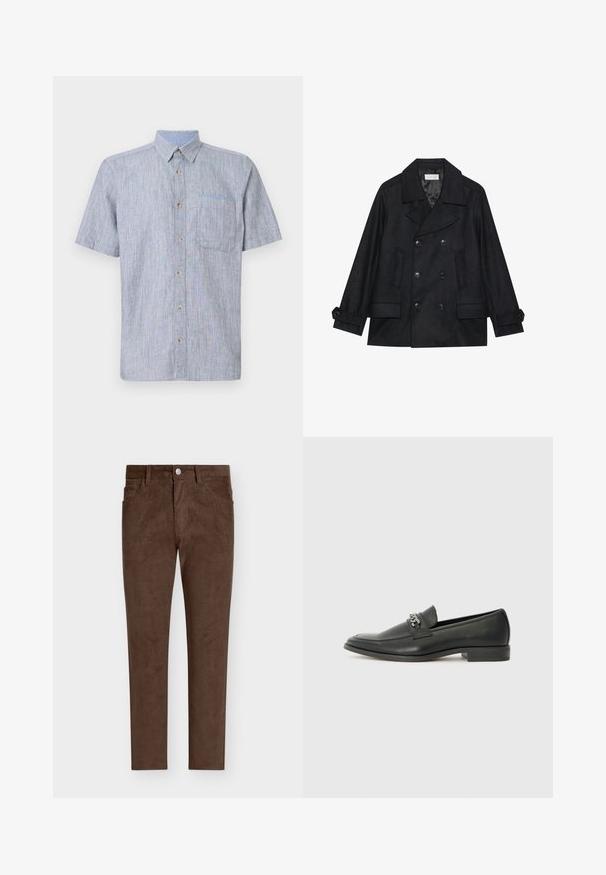 Topelt nööpidega must meresõidukit valmistatud villasegust riidest, millel on suured nööpide, kaks eesmist taskut ja sälguga krae.; Lühikeste varrukatega nupuga särk helesinises ja valges triibulises kangas, millel on rinna tasku ja pruunid nupud. Tekstuuriga, igapäevane disain.; Pruunid korduroypüksid sirge lõikega, millel on nupuga sulgumine, eesosal olevad taskud ja vertikaalne ribakujundus kogu püksil.; Must haveate nahkking punased, millel on sile viimistlus, tikitud muster ja dekoratiivne metallkett vampi üle. Tasane konts.