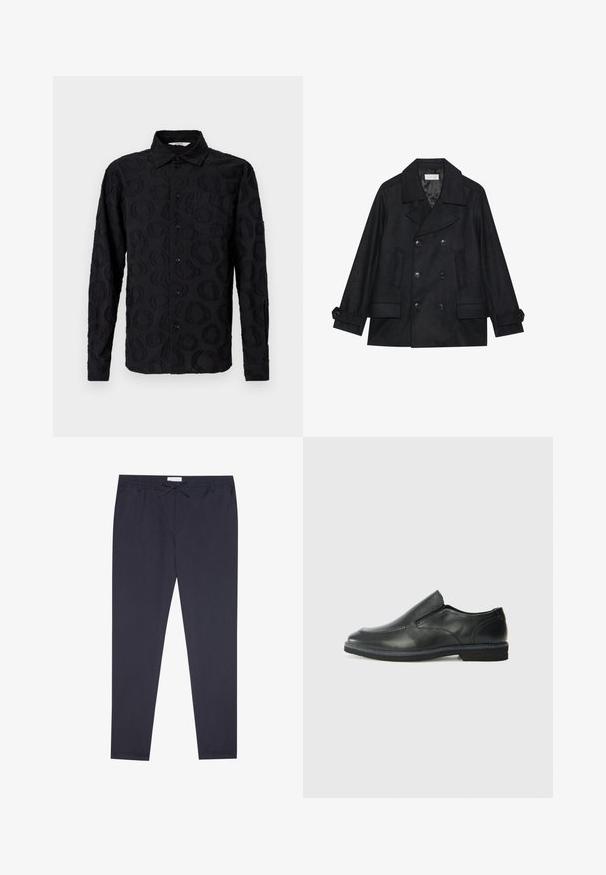 Διπλής όψης μαύρο παλτό από μείγμα μάλλινου υφάσματος, με μεγάλα κουμπιά, δύο μπροστινές τσέπες και γιακά με εγκοπή.; Μαύρο πουκάμισο με μακριά μανίκια, κουμπωτό, με διακριτό υφασμάτινο κυκλικό σχέδιο και τσέπη στο στήθος, παρουσιασμένο σε λευκό φόντο.; Ναυτικό μπλε παντελόνια κατασκευασμένα από ελαφρύ ύφασμα; διαθέτουν ελαστική μέση με κορδόνι και κομμένο πόδι. Λείος υφής και χωρίς ορατά μοτίβα.; Μαύρο δερμάτινο παπούτσι χωρίς κορδόνια με λείο επάνω μέρος, ραφές, στρογγυλή μύτη και χαμηλό λάστιχο τακούνι. Η σόλα διαθέτει ελάχιστο σχέδιο.
