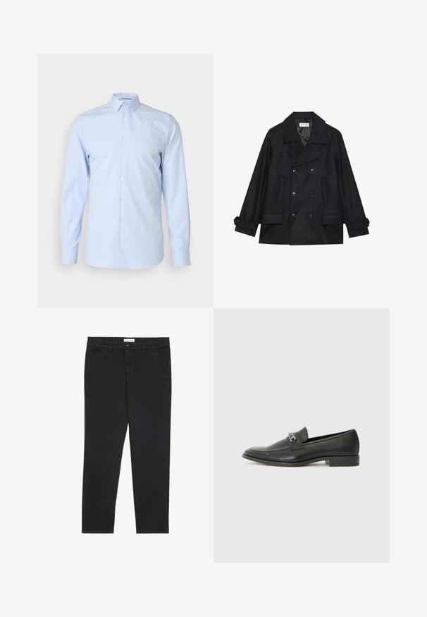 Topelt nööpidega must meresõidukit valmistatud villasegust riidest, millel on suured nööpide, kaks eesmist taskut ja sälguga krae.; Heledsinine nööridega särk, pika varrukaga, klassikalise kaelusega, valmistatud siledast kangast, esiosas valged nööbid, minimaalne disain.; Mustad puuvillased püksid kitsas lõikes, millel on kaks külgtaskut ja ees klõpsuga kinnitamine. Tekstuuriga kangas, millel on peened detailid.; Must haveate nahkking punased, millel on sile viimistlus, tikitud muster ja dekoratiivne metallkett vampi üle. Tasane konts.