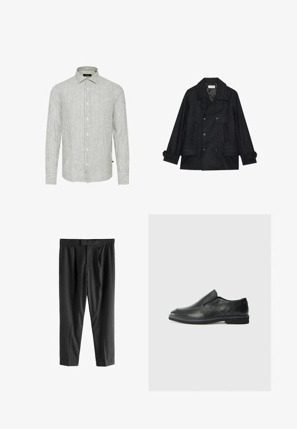 Juodasis dvigubos sagos peacoat, pagamintas iš vilnos ir sintetinių skaidulų mišinio, su didelėmis sagomis, dviem priekinėmis kišenėmis ir įpjovimu apykaklėje.; Pilkas ir baltas dryžuotas marškinėlių modelis su ilgomis rankovėmis, klasikinė apykaklė ir priekiniai mygtukai; pasižymi tekstūruota medžiaga su laisvu dizainu.; Next REGULAR FIT -CHECK SMART - Chino stiliaus kelnės - black; Juodai odiniai įtvirtinimo batai su lygiu paviršiumi, siuvinėjimo akcentais, apvalia nosimi ir žemu guminiu kulnu. Pado raštas minimalus.