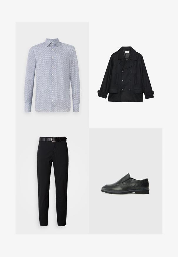 Dulje crne peacoat jakne izrađene od mješavine vune, s velikim dugmadi, dva prednja džepa i reverom.; Svijetloplava košulja na dugih rukava s geometrijskim uzorkom u crvenoj i tamnoplavoj boji. Ima oštar ovratnik i dugih rukava. Izrađena je od glatkog materijala.; Crne hlače ravnog kroja, s glatkom teksturom i crnim kožnim remenom sa srebrnom kopčom. Jednostavan dizajn, bez uzoraka ili akcenta.; Crne kožne cipele na sklapanje s glatkom gornjom površinom, prošivenim detaljima, zaobljenim vrhom i niskim gumene potplate. Potplat ima minimalne uzorke.