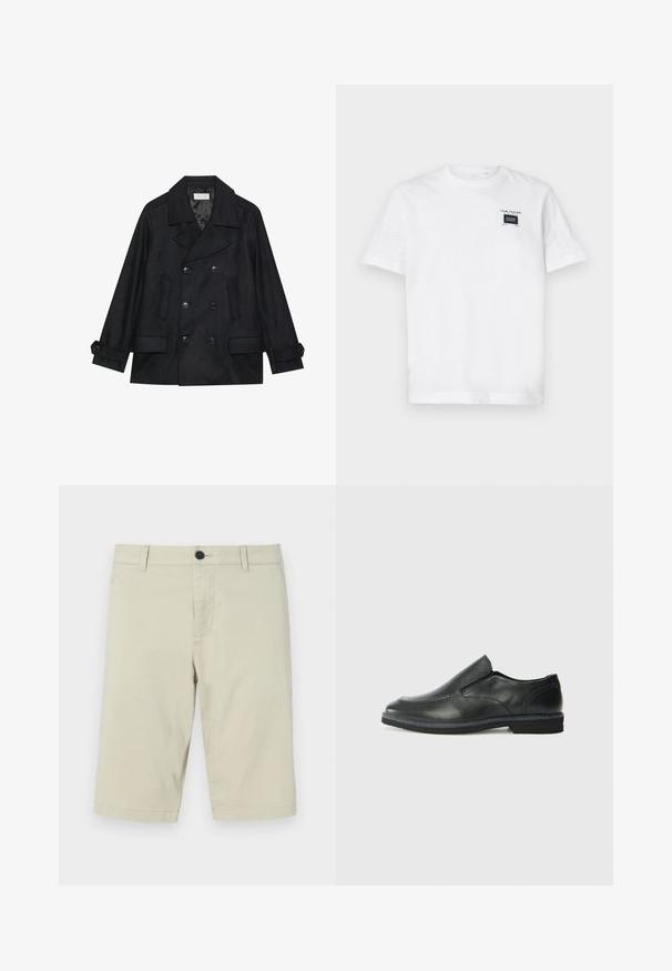 Manteau peacoat noir à double boutonnage en tissu mélangé de laine, avec de grands boutons, deux poches avant et un col à revers.; T-shirt en coton blanc avec un col rond et des manches courtes. L'avant comporte une petite étiquette noire avec du texte et un design rectangulaire.; Shorts beiges en mélange de coton léger, avec un devant plat, des passants de ceinture, une fermeture à bouton et une longueur au genou.; Chaussure slip-on en cuir noir avec une tige lisse, des accents cousus, un bout arrondi et un petit talon en caoutchouc. La semelle présente un profil de traction minimal.