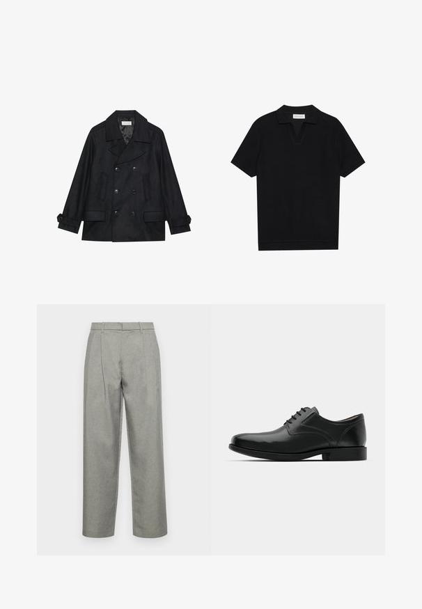 Dobbeltradet sort peacoat lavet af uldblandingsstof, med store knapper, to forlommer og en spids krave.; Sort kortærmet polo skjorte med en tekstureret, ribbede stof, der har en v-halsudskæring og en lige kant. Ingen synlige logoer eller mønstre.; Grå skræddersyede bukser lavet af struktureret stof, med lige ben-design, frontfolder og en standard talje med bæltesløjfer.; Sorte lædersko med en blank finish, rund tå, snørebåndsdesign, kontrasterende søm og en lav gummihæl.