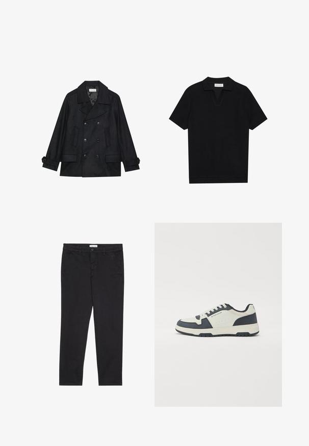 Dulje crne peacoat jakne izrađene od mješavine vune, s velikim dugmadi, dva prednja džepa i reverom.; Crna polu-majica kratkih rukava s teksturiranim, rebrastim materijalom, s V-izrezom i ravnim rubom. Bez vidljivih logotipa ili uzoraka.; Crne pamučne hlače uskog kroja, s dva bočna džepa i prednjim zatvaranjem na dugme. Teksturirana tkanina s suptilnim detaljima.; Mornarsko plavi i svijetlosivi tenisice s gornjim dijelom od antilopa i kože, podstavljenim jezikom i vezanjem. Gumeni potplat s uzorkom za prianjanje.