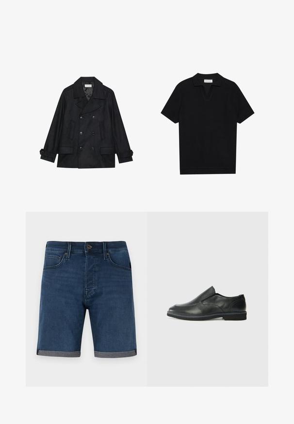 Juodasis dvigubos sagos peacoat, pagamintas iš vilnos ir sintetinių skaidulų mišinio, su didelėmis sagomis, dviem priekinėmis kišenėmis ir įpjovimu apykaklėje.; Juodas trumpas rankovėmis polo marškinėliai su tekstūruota, grioveliais audiniu, turi V formos iškirptę ir tiesų apačią. Nėra matomų logotipų ar raštų.; Tamsiai mėlynos džinsinės šortai su suknegtu pilku kraštu. Yra klasikinis penkių kišenių dizainas ir sagos uždarymas liemenyje.; Juodai odiniai įtvirtinimo batai su lygiu paviršiumi, siuvinėjimo akcentais, apvalia nosimi ir žemu guminiu kulnu. Pado raštas minimalus.