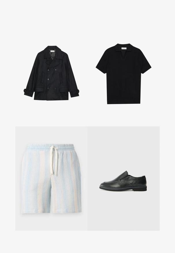 Dulje crne peacoat jakne izrađene od mješavine vune, s velikim dugmadi, dva prednja džepa i reverom.; Crna polu-majica kratkih rukava s teksturiranim, rebrastim materijalom, s V-izrezom i ravnim rubom. Bez vidljivih logotipa ili uzoraka.; Lagani, teksturirani shortsi s plavim i bijelim prugastim uzorkom. Imaju elastičnu strukicu i zatvaranje na vezicu.; Crne kožne cipele na sklapanje s glatkom gornjom površinom, prošivenim detaljima, zaobljenim vrhom i niskim gumene potplate. Potplat ima minimalne uzorke.