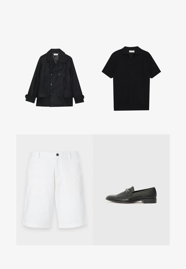 Juodasis dvigubos sagos peacoat, pagamintas iš vilnos ir sintetinių skaidulų mišinio, su didelėmis sagomis, dviem priekinėmis kišenėmis ir įpjovimu apykaklėje.; Juodas trumpas rankovėmis polo marškinėliai su tekstūruota, grioveliais audiniu, turi V formos iškirptę ir tiesų apačią. Nėra matomų logotipų ar raštų.; Balti lino šortai su laisvu kirpimu, turintys vieno mygtuko užsegimą, diržo kilpas ir šonines kišenes. Lygus paviršius ir tiesus apvadas.; Juodos odinės loafer tipo bateliai su lygiu paviršiumi, turintys siuvinėtą dizainą ir dekoratyvų metalo grandinėlės akcentą ant batų viršaus. Plokščias kulnas.