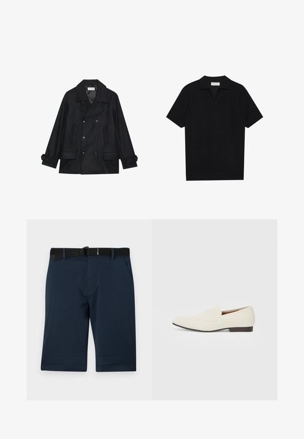 Juodasis dvigubos sagos peacoat, pagamintas iš vilnos ir sintetinių skaidulų mišinio, su didelėmis sagomis, dviem priekinėmis kišenėmis ir įpjovimu apykaklėje.; Juodas trumpas rankovėmis polo marškinėliai su tekstūruota, grioveliais audiniu, turi V formos iškirptę ir tiesų apačią. Nėra matomų logotipų ar raštų.; Tamsiai mėlynos šortai, pagaminti iš tekstūruoto audinio, su juodu reguliuojamu diržu, dviem šoninėmis kišenėmis ir tiesiu apdailos kraštu.; Šviesiai smėliniai loaferiai su smailiu pirštu, lygaus paviršiaus, dirželiu per viršų ir žema ruda padanga. Paprastas dizainas su minimaliais akcentais.