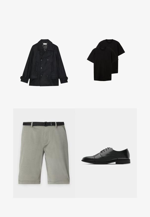 Kétrészes fekete peacoat gyapjú keverék anyagból, nagy gombokkal, két elülső zsebbel és hajtókás gallérral.; Fekete pamut pólók, kerek nyakkivágással, rövid ujjakkal, laza fit, kis logóval az alsó bal oldalon, két darabos szettben kapható.; Szürke rövidnadrág, texturált anyagból készült, fekete övvel, normál zsebekkel, és a szegélye éppen a térd fölött végződik.; Fekete bőr férfi dresszcipő, lekerekített orral, fűzős kialakítással, diszkrét varrási részletekkel és alacsony sarokkal. Simább felület, fényes kivitel.