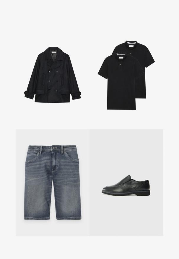 Abrigo marino negro de doble botonadura hecho de una mezcla de lana, con grandes botones, dos bolsillos frontales y un collar con muesca.; Dos camisetas polo negras, de manga corta, de material de algodón, que presentan un cuello clásico, una tapeta de dos botones y acentos de rayas blancas en el interior del cuello.; Shorts de mezclilla en un tono azul desgastado, con cierre de botón y cremallera, cinco bolsillos y costuras visibles.; Zapato negro de cuero sin cordones con un upper suave, detalles de costura, punta redonda y un bajo tacón de goma. La suela presenta una tracción mínima.