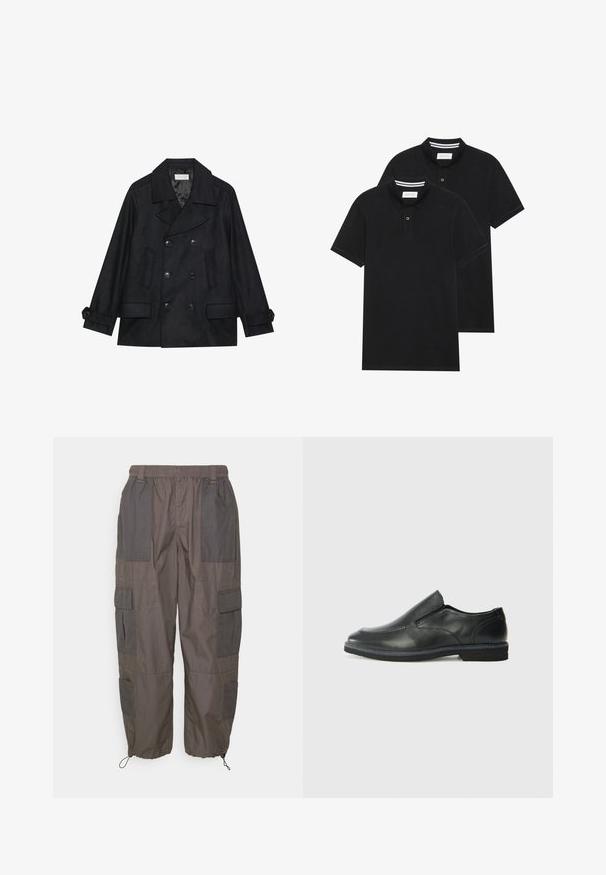 Διπλής όψης μαύρο παλτό από μείγμα μάλλινου υφάσματος, με μεγάλα κουμπιά, δύο μπροστινές τσέπες και γιακά με εγκοπή.; Δύο μαύρα πόλο πουκάμισα, κοντομάνικα, από βαμβακερό υλικό, με κλασικό γιακά, πατιλέτα με δύο κουμπιά και λευκές ριγέ λεπτομέρειες μέσα στον γιακά.; Pier One Παντελόνι cargo - dark grey; Μαύρο δερμάτινο παπούτσι χωρίς κορδόνια με λείο επάνω μέρος, ραφές, στρογγυλή μύτη και χαμηλό λάστιχο τακούνι. Η σόλα διαθέτει ελάχιστο σχέδιο.