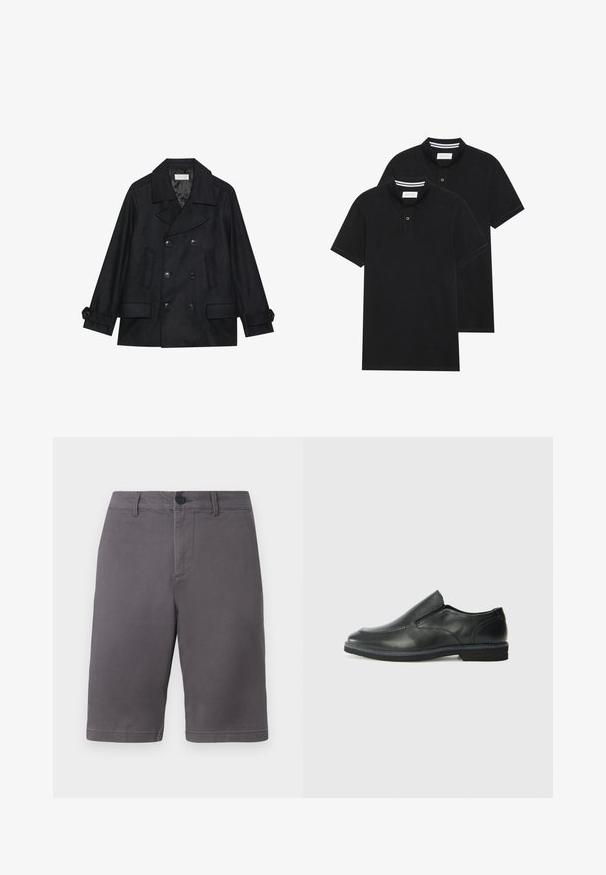 Manteau peacoat noir à double boutonnage en tissu mélangé de laine, avec de grands boutons, deux poches avant et un col à revers.; Deux polos noirs, à manches courtes, en coton, avec un col classique, une patte de boutonnage à deux boutons, et des accents rayés blancs à l'intérieur du col.; Shorts gris en tissu en coton mélangé, avec une fermeture à bouton, des poches latérales et un design propre et droit.; Chaussure slip-on en cuir noir avec une tige lisse, des accents cousus, un bout arrondi et un petit talon en caoutchouc. La semelle présente un profil de traction minimal.