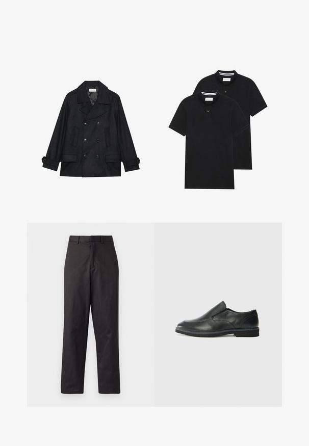 Dvojité černé manšestrové kabát z vlny, s velkými knoflíky, dvěma předními kapsami a klopovým límcem.; Dvě černé polokošile s krátkým rukávem z bavlny, s klasickým límcem, dvouknoflíkovou légou a bílými pruhovanými akcenty uvnitř límce.; Černé kalhoty vyrobené z bavlněné směsi, s přímým střihem, předními kapsami a klasickým pasem s poutek na opasek.; Černá kožená nazouvací bota s hladkým svrškem, prošívanými detaily, zaoblenou špičkou a nízkým gumovým podpatkem. Podešev má minimální vzorek.