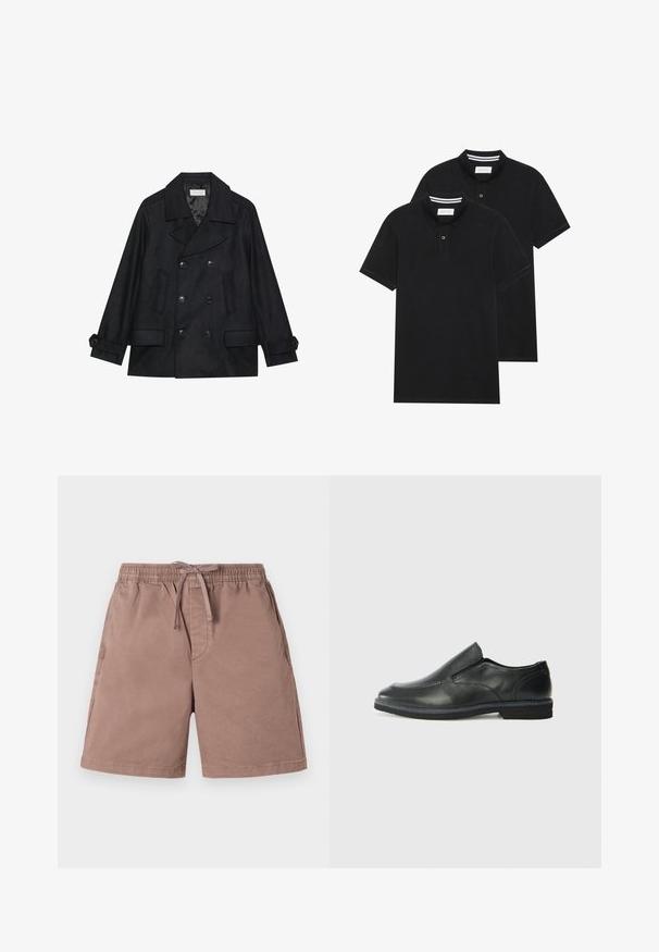 Dvojité černé manšestrové kabát z vlny, s velkými knoflíky, dvěma předními kapsami a klopovým límcem.; Dvě černé polokošile s krátkým rukávem z bavlny, s klasickým límcem, dvouknoflíkovou légou a bílými pruhovanými akcenty uvnitř límce.; Světle hnědé šortky vyrobené z měkké látky s elastickým pasem a šňůrkou na stažení. Obsahují boční kapsy a mají uvolněný střih.; Černá kožená nazouvací bota s hladkým svrškem, prošívanými detaily, zaoblenou špičkou a nízkým gumovým podpatkem. Podešev má minimální vzorek.