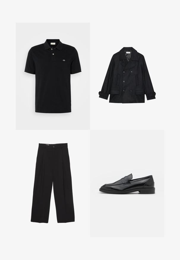 Dobbeltradet sort peacoat lavet af uldblandingsstof, med store knapper, to forlommer og en spids krave.; Sort polo-shirt lavet af bomuld, med klassisk krave, to-knap lukning, korte ærmer og et lille broderet logo på brystet.; Sorte bukser med bred benvidde lavet af glat stof, med flad talje, frontfolder og en enkelt knaplukning.; Sorte læder loafers med en glat overflade, der har en rund tå og en smal bånd over det øverste. Lav stablet hæl.