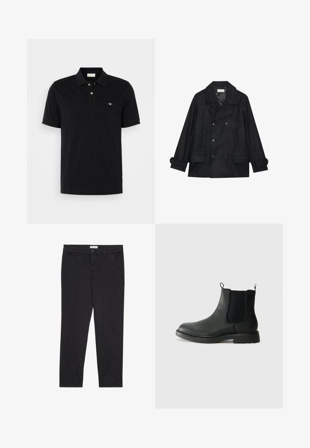 Dobbeltradet sort peacoat lavet af uldblandingsstof, med store knapper, to forlommer og en spids krave.; Sort polo-shirt lavet af bomuld, med klassisk krave, to-knap lukning, korte ærmer og et lille broderet logo på brystet.; Sorte bomuldsbukser med slim fit, der har to sidelommer og en knappelukning foran. Tekstureret stof med subtil detaljer.; Sorte læder chelsea støvler med elastiske sidepaneler, trækflapper, rund tå og tekstureret gummisål. Glat overflade og robust design.