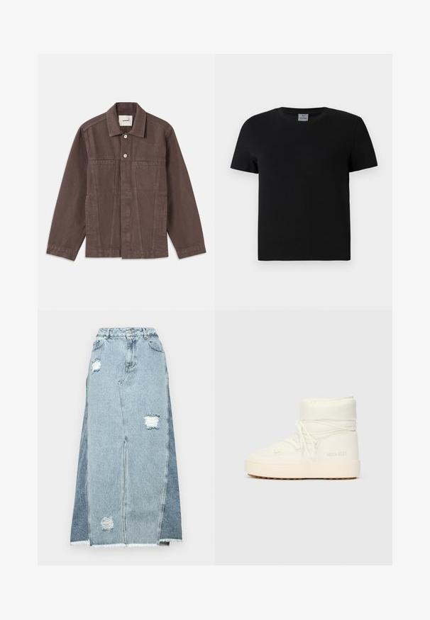 Hnědá, těžká bunda s knoflíkovým zapínáním, náprsními kapsami a klasickým límcem. Obsahuje strukturované švy a boční kapsy.; Černé bavlněné tričko s kulatým výstřihem a krátkými rukávy. Jednoduchý design, bez vzorů nebo akcentů, se základním střihem v pase.; Džínová sukně s kombinací světlé a tmavě modré látky, s roztrhanými záplatami, vysokým pasem a třepícími se lemy.; Bílé kotníkové boty s kulatou špičkou, texturovanou tkaninou, elastickým lemem a gumovou podrážkou. Obsahují šňůrky a logo "MOON BOOT" na boku.