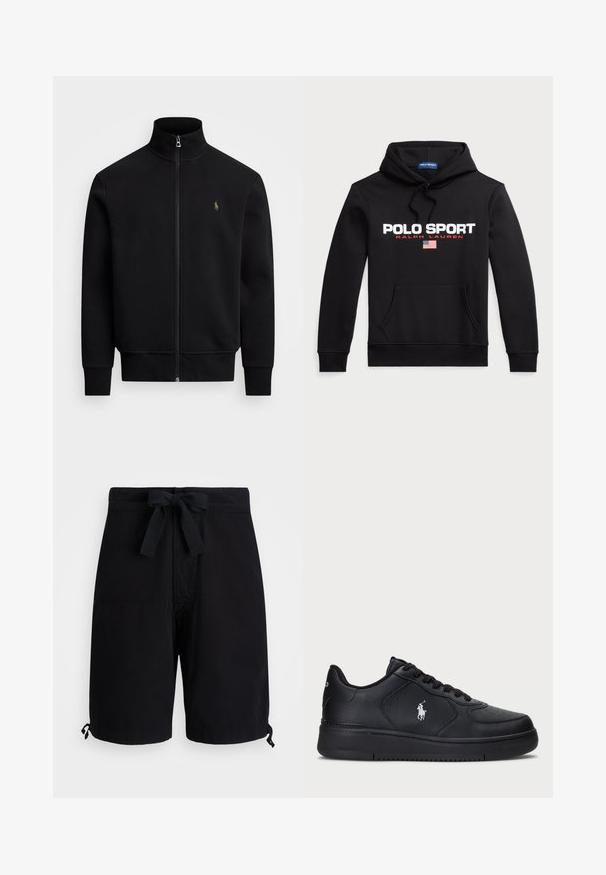 Polo Ralph Lauren DOUBLE-KNIT TRACK JACKET - Tréningová bunda - polo black; Polo Ralph Lauren POLO SPORT HOODIE UNISEX - Mikina s kapucňou - black/white; Čierne plavkové šortky vyrobené z ľahkej tkaniny, s viazaním na šnúrku v páse a nastaviteľnými detailmi na leme.; Čierne kožené tenisky s perforovaným dizajnom, plochým šnurovaním a bielym vyšitým logom na boku. Hustá čierna gumová podrážka.
