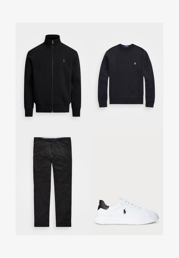 Polo Ralph Lauren DOUBLE-KNIT TRACK JACKET - Treningsjakke - polo black; Svart hettegenser laget av bomullsmiks, med rund hals, lange ermer, ribbede mansjetter og nederkant, samt et lite brodert logo på brystet.; Sorte chinos med rett ben, laget av bomullsblanding, med glidelås, beltehemper og sidelommer. Glatt tekstur.; Hvit lavt beskåret sneaker med svart hælflik og svart Polo Ralph Lauren-logo på siden, med hvite lisser og tykk gummisåle.
