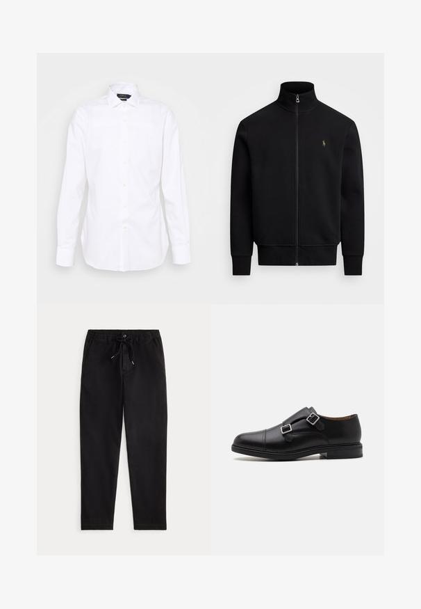 Polo Ralph Lauren DOUBLE-KNIT TRACK JACKET - Training jacket - polo black; White long-sleeve shirt, button-down front, pointed collar, made of cotton, smooth texture, featuring a subtle embroidered logo on the chest.; Black casual trousers with elastic waistband, drawstring tie, front button, and side pockets, displayed on a plain background.; Black leather dress shoe with double buckle closure, rounded toe, subtle stitching, and a flat, textured rubber sole.