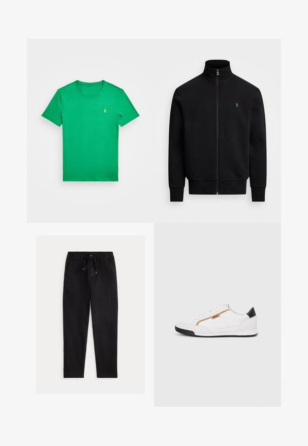 Polo Ralph Lauren DOUBLE-KNIT TRACK JACKET - Treningsjakke - polo black; Grønn bomull t-skjorte med rund hals og korte ermer. En liten gul logo er plassert på venstre brystområde.; Svart, bukser med avslappet passform, elastisk midje, snor og frontlommer. Laget av glatt, lett stoff.; Hvite sporty sko med mesh- og lærdetaljer. Har en gull "BOSS"-logo, teksturerte sidepaneler og en svart hælbru. Gummisåle.