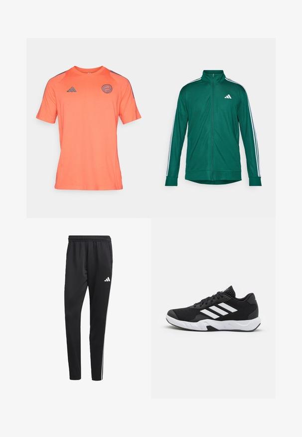 Grøn track jacket med høj krave, fuld lynlås, hvide tre-stribes detaljer på ærmerne og et lille hvidt logo på brystet.; Kortærmet atletisk T-shirt i lyserød-orange farve lavet af blødt stof, med rund hals og mørkegrå detaljer på skuldrene og logoet.; Sorte træningsbukser med en strækbar talje, hvide sidelameller og et lille hvidt logo på låret. Fremstillet af et glat, let materiale.; Sorte atletiksko med en tekstureret mesh-overdel, hvide accentstriber, en polstret sål og en forstærket hæl for støtte.