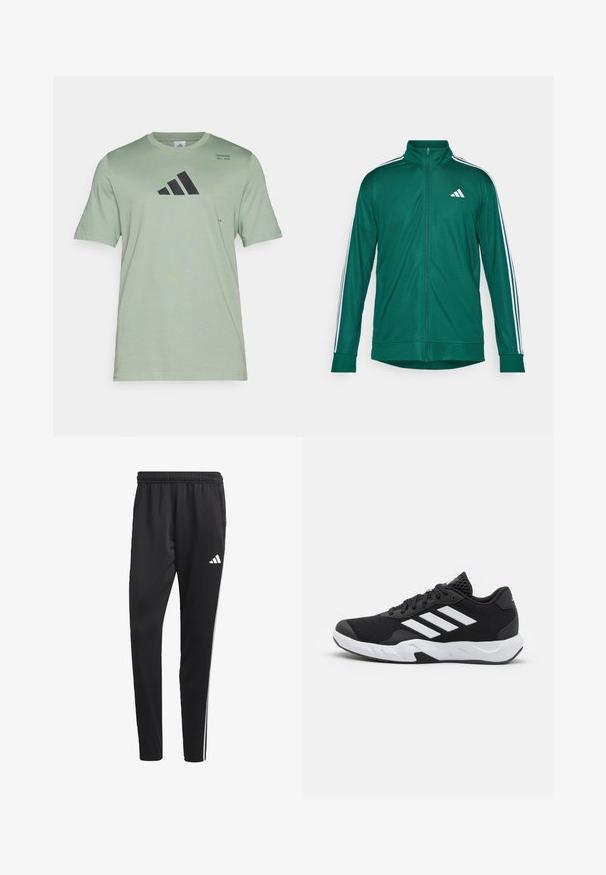 Green track jacket with a high collar, full zip, white three-stripe accents on sleeves, and a small white logo on the chest.; Short-sleeve mint green T-shirt made of soft fabric, featuring a black Adidas logo and printed text on the upper left.; Black athletic pants with a stretchy waistband, white side stripes, and a small white logo on the thigh. Made from a smooth, lightweight material.; Black athletic shoes with a textured mesh upper, white accent stripes, a cushioned sole, and a reinforced heel for support.