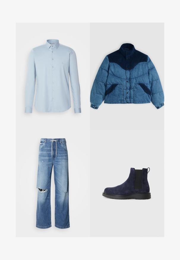 Paminkštinta džinsinė striukė su tamsiai mėlynu samto apykakle, kontrastingų mėlynų audinių, užsegama spaustukais ir su šoninėmis kišenėmis. Iš viso striukės paviršius yra išklotas kvadratinėmis siūlėmis.; Šviesiai mėlyna ilgomis rankovėmis mygtukų užsegimo marška, pagaminta iš lygios medžiagos, su klasikinio tipo krakmolu ir mažuoju siuvinėtu logotipu ant krūtinės.; Šviesiai mėlynos džinsinės kelnės su laisvu kirpimu, turinčios baltą raištelį liemens, ir išskirtinius įpjovimus priekyje, rodančius nusidėvėjusias briaunas.; Jūrinio mėlynumo zomšiniai Čelsio batai su elastingais šonais ir užtrauktuku. Juodas gumos padas su tekstūruotu paviršiumi, užtikrinančiu sukibimą ir ilgaamžiškumą.