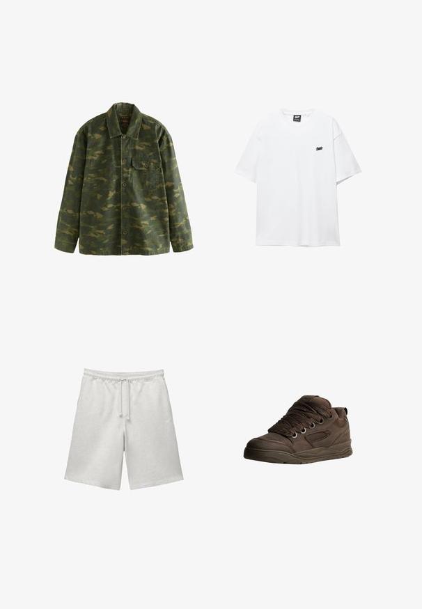 Green and brown camouflage button-up jacket with long sleeves, collared neckline, and a single buttoned chest pocket on the left side.; White cotton t-shirt with short sleeves, round neck, and a small black logo on the chest. Smooth texture and casual fit.; Light gray cotton shorts with an elastic waistband and drawstring. Features a loose fit and plain design with no additional patterns or accents.; Brown athletic shoes made of smooth synthetic material. Features thick laces, mesh accents, padded collar, and textured rubber sole.