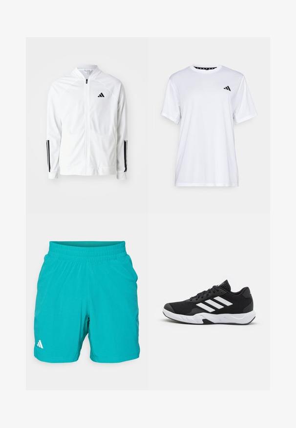 Weißer Zip-Up-Jacket mit hohem Kragen, schwarzen drei Streifen Akzenten an den Ärmeln und einem kleinen schwarzen Logo auf der Brust. Glatte Stofftextur.; Weißes sportliches T-Shirt mit kurzen Ärmeln, aus feuchtigkeitsableitendem Material. Mit einem schwarzen Logo auf der linken Brust und einem gemusterten Innenkragen.; Teal sportliche Shorts mit einem elastischen Bund und einem strukturierten Muster. Mit einem weißen Logo auf der unteren linken Seite.; Schwarze Sportschuhe mit einem strukturierten Mesh-Obermaterial, weißen Akzentstreifen, einer gepolsterten Sohle und einer verstärkten Ferse für Unterstützung.