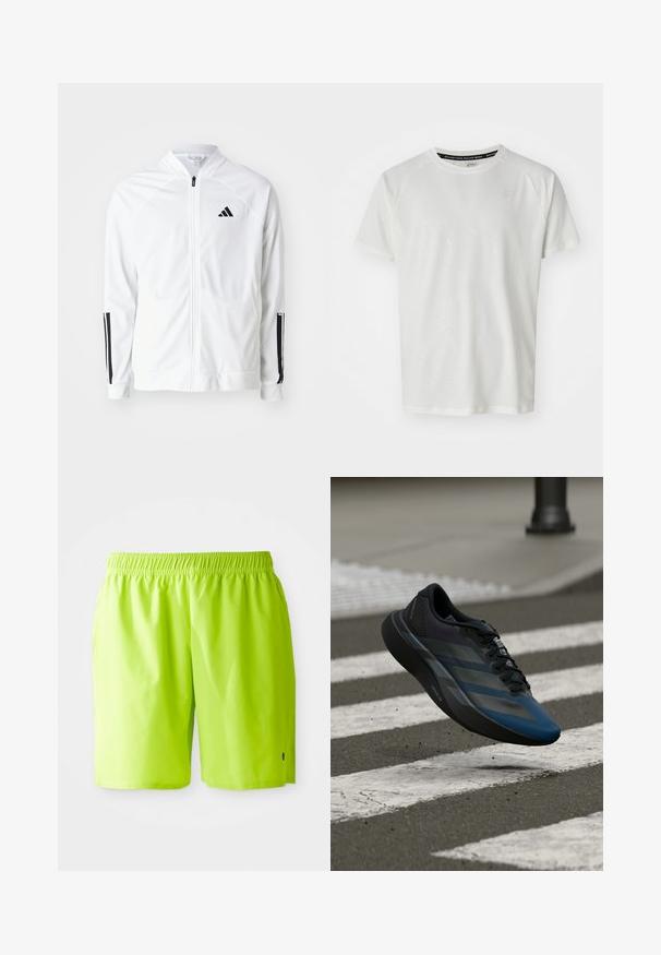 Chaqueta blanca con cremallera y cuello alto, detalles en negro con tres franjas en las mangas, y un pequeño logo negro en el pecho. Textura de tela suave.; ASICS GAME - Camiseta básica - cream; Bañador de color verde lima brillante con cinturilla elástica y bolsillos laterales, mostrado sobre un fondo blanco liso.; Zapato deportivo negro y azul con un diseño aerodinámico, que presenta una parte superior texturizada, franjas contrastantes y una suela acolchada, flotando sobre el pavimento.