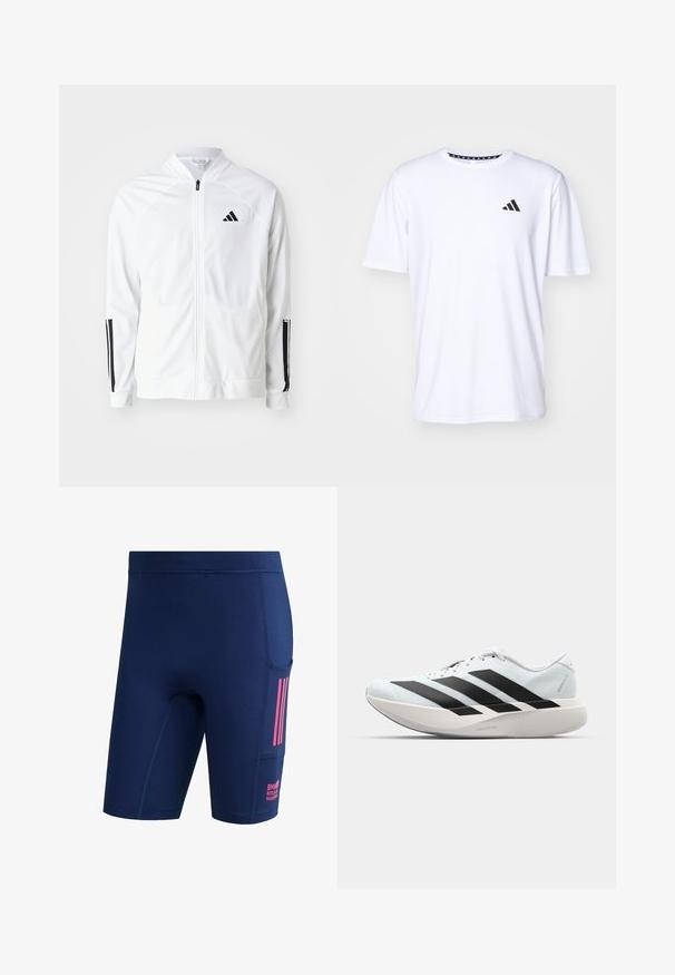 Weißer Zip-Up-Jacket mit hohem Kragen, schwarzen drei Streifen Akzenten an den Ärmeln und einem kleinen schwarzen Logo auf der Brust. Glatte Stofftextur.; Weißes T-Shirt mit kurzen Ärmeln aus glattem Stoff. Verfügt über ein schwarzes adidas-Logo auf der linken Brust und einen gemusterten Kragen.; Marineblaue Sportshorts mit einer Seitentasche, pinken Streifen und dem Text "BMW Berlin Marathon" im Taschenbereich.; Leichte Laufschuhe in hellblau mit schwarzen Streifen. Sie verfügen über ein glattes Obermaterial, eine runde Zehenpartie und eine dicke weiße Zwischensohle, die mit "LIGHTSTRIKE PRO" beschriftet ist.