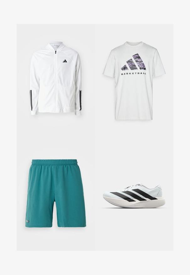 Chaqueta blanca con cremallera y cuello alto, detalles en negro con tres franjas en las mangas, y un pequeño logo negro en el pecho. Textura de tela suave.; Camiseta de algodón blanca con mangas cortas, que presenta un estampado gráfico en púrpura y negro de tres franjas y la palabra "BASKETBALL."; Pantalones cortos deportivos elásticos en color azul verdoso, con una pequeña etiqueta "Climacool" cerca del dobladillo en la pierna izquierda, mostrados sobre un fondo blanco.; Zapatillas de running ligeras en azul pálido con rayas negras. Presentan una parte superior suave, puntera redonda y una gruesa mediasuela blanca etiquetada como "LIGHTSTRIKE PRO".