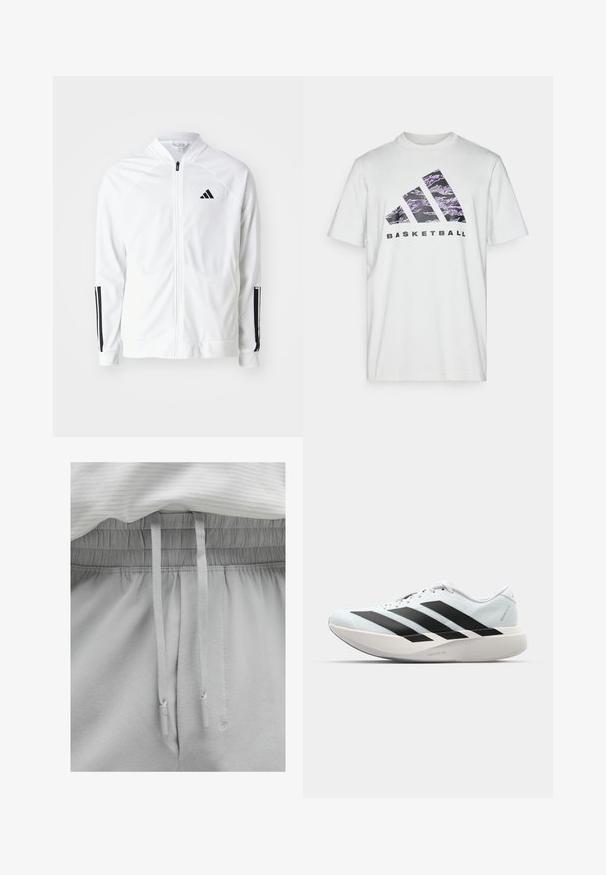Witte zip-up jas met een hoge kraag, zwarte drie-streep accenten op de mouwen en een klein zwart logo op de borst. Soepele stoftextuur.; Witte katoenen T-shirt met korte mouwen, voorzien van een paarse en zwarte grafische print van drie strepen en het woord "BASKETBAL."; Lichtgrijze sweatpants met een elastische tailleband en trekkoord. Zachte stof met een gladde textuur, met een ontspannen pasvorm en eenvoudige details.; Lichte hardloopschoenen in lichtblauw met zwarte strepen. Beschikt over een soepele bovenkant, ronde neusstuk en dikke witte tussenzool met het label "LIGHTSTRIKE PRO."