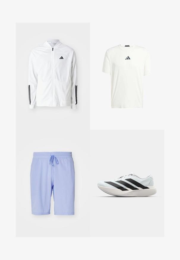 Weißer Zip-Up-Jacket mit hohem Kragen, schwarzen drei Streifen Akzenten an den Ärmeln und einem kleinen schwarzen Logo auf der Brust. Glatte Stofftextur.; Weißes kurzärmliges T-Shirt aus leichtem Stoff mit Rundhalsausschnitt und einem dunkelgrauen Logo auf der Brust. Glatte Textur, lässige Passform.; adidas Performance TENNIS ERGO - Kurze Sporthose - blue spark; Leichte Laufschuhe in hellblau mit schwarzen Streifen. Sie verfügen über ein glattes Obermaterial, eine runde Zehenpartie und eine dicke weiße Zwischensohle, die mit "LIGHTSTRIKE PRO" beschriftet ist.