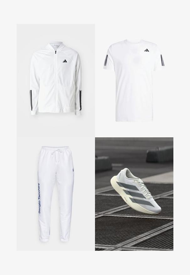 Weißer Zip-Up-Jacket mit hohem Kragen, schwarzen drei Streifen Akzenten an den Ärmeln und einem kleinen schwarzen Logo auf der Brust. Glatte Stofftextur.; Weißes T-Shirt aus Stoff mit kurzen Ärmeln, Rundhalsausschnitt und drei schwarzen diagonalen Streifen an jedem Ärmel. Dezentes Logo auf der Brust.; Weiße Trainingshose mit elastischem Bund und Kordelzug. Mit einem blauen Logo und dem Markennamen "Sergio Tacchini" an der Seite, enganliegende Bündchen.; Weißer Sportschuh mit einer strukturierten Mesh-Oberfläche, grauen Streifen und einer gepolsterten Sohle. Leichtes Design, geeignet zum Laufen.
