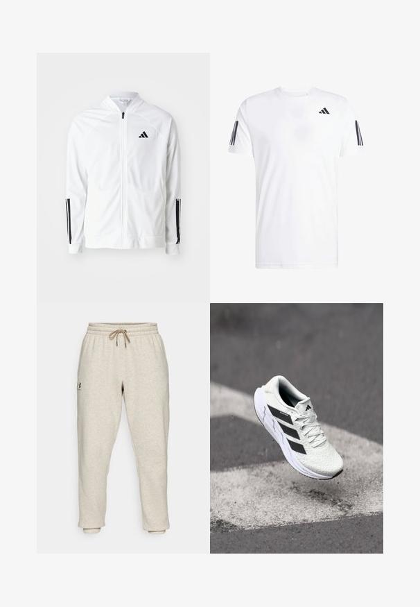 Witte zip-up jas met een hoge kraag, zwarte drie-streep accenten op de mouwen en een klein zwart logo op de borst. Soepele stoftextuur.; Witte T-shirt van stof met korte mouwen, ronde hals en drie zwarte diagonale strepen op elke mouw. Subtiel logo op de borst.; Beige sweatpants van zacht, gestructureerd materiaal met een elastische tailleband en trekkoord. Heeft een zijlogo en taps toelopende enkels voor een relaxte pasvorm.; Witte sportschoen met een textuur van mesh, zwarte strepen, vetersluiting en een gevoerde zool, zwevend boven een gemarkeerd wegoppervlak.