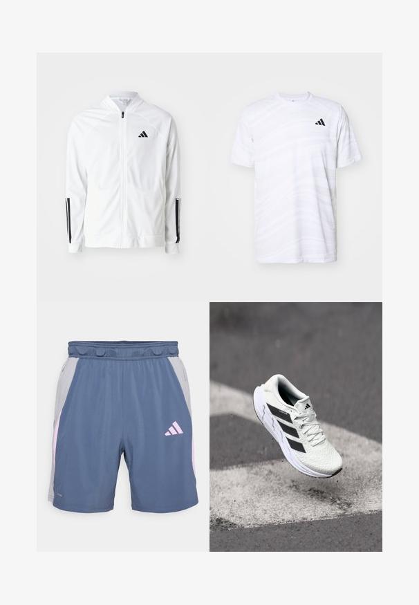 Veste blanche zippée avec un col haut, accents noirs à trois bandes sur les manches, et un petit logo noir sur la poitrine. Texture de tissu lisse.; T-shirt de sport blanc avec un motif de vagues subtil, col rond, manches courtes et un logo à trois bandes noires sur la poitrine gauche.; Shorts de sport bleus avec des panneaux latéraux gris, accents roses, taille élastique et poches zippées. Fabriqués dans un matériau léger et respirant.; Baskets de sport blanches avec un dessus en mesh texturé, des rayures noires, un laçage et une semelle rembourrée, lévitant au-dessus d'une surface de route marquée.