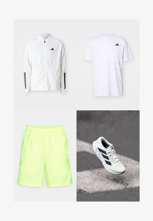 Chaqueta blanca con cremallera y cuello alto, detalles en negro con tres franjas en las mangas, y un pequeño logo negro en el pecho. Textura de tela suave.; Camiseta deportiva blanca con un patrón de olas sutil, cuello redondo, mangas cortas y un logotipo de tres rayas negras en el lado izquierdo del pecho.; Pantalones cortos deportivos de color amarillo neón, hechos de una tela suave y ligera, con una cintura elástica y bolsillos laterales con cremallera.; Zapatilla deportiva blanca con parte superior de malla texturizada, rayas negras, cierre de cordones y suela acolchada, levitando sobre una superficie de carretera marcada.